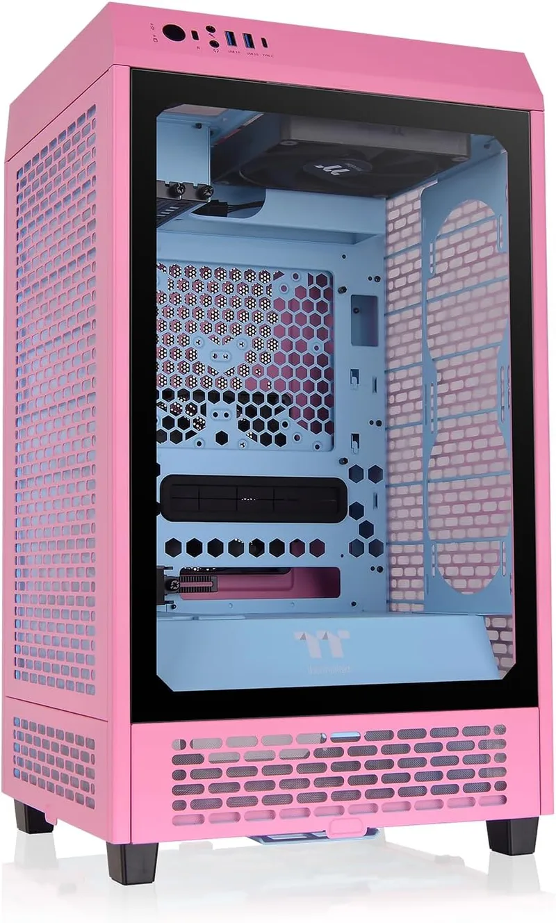 Thermaltake ▫️ The Tower 200 | Mini-torre vertical Mini-ITX | 2 ventoinhas CT140 pré-instaladas | Vidro temperado e elevado fluxo de ar | Compatível com AIO de 280 mm | Rosa Bolha