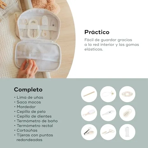 Babymoov ▫️ Kit de cuidados para o bebé, compacto, portátil, desde o nascimento, 9 acessórios essenciais, incluindo escova de cabelo, termómetro digital, termómetro de banho e cortador de unhas, bege 4