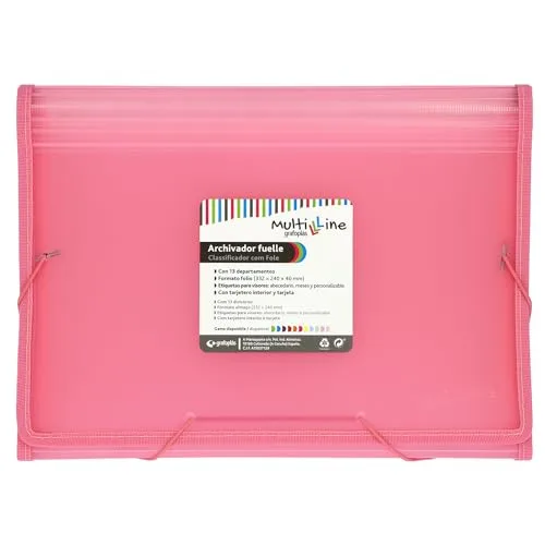 Grafoplas ▫️ Pasta de arquivo, rosa pastel, tamanho Folio, 13 compartimentos em forma de fole, inclui etiquetas para visores e cartões, capas impermeáveis de plástico, Multiline 2