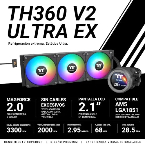 Thermaltake ▫️ TH360 V2 Ultra EX ARGB | Sistema de refrigeração líquida AIO para CPU de 360 mm | Ecrã LCD IPS de 2,1” | MagForce 2.0 com 3 ventoinhas CT120 ARGB PWM | Intel LGA1700/1851, AMD AM4/AM5 | Preto 2