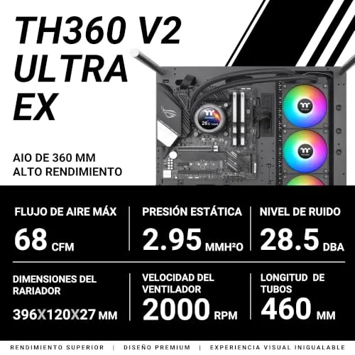 Thermaltake ▫️ TH360 V2 Ultra EX ARGB | Sistema de refrigeração líquida AIO para CPU de 360 mm | Ecrã LCD IPS de 2,1” | MagForce 2.0 com 3 ventoinhas CT120 ARGB PWM | Intel LGA1700/1851, AMD AM4/AM5 | Preto 4