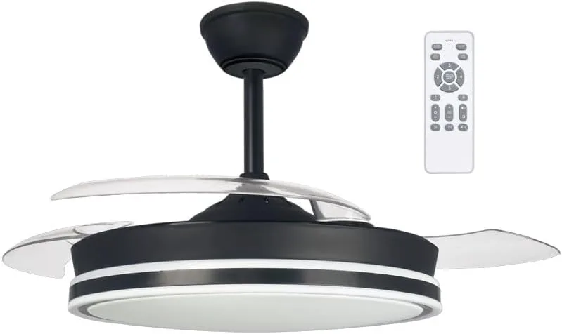 wonderlamp ▫️ Surpino Ventilador de teto retrátil preto com pás dobráveis, ventilador de teto com luz LED 45W com memória de ligação e controlo remoto ajustável CCT