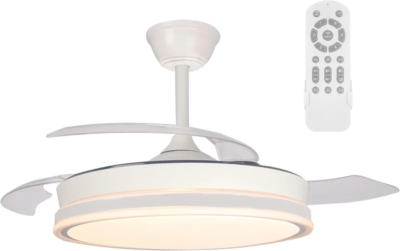 wonderlamp ▫️ Ventilador de teto retrátil com pás dobráveis Surpino Branco, Ventilador de teto com luz LED de 45 W, com memória de ligação e comando à distância CCT regulável