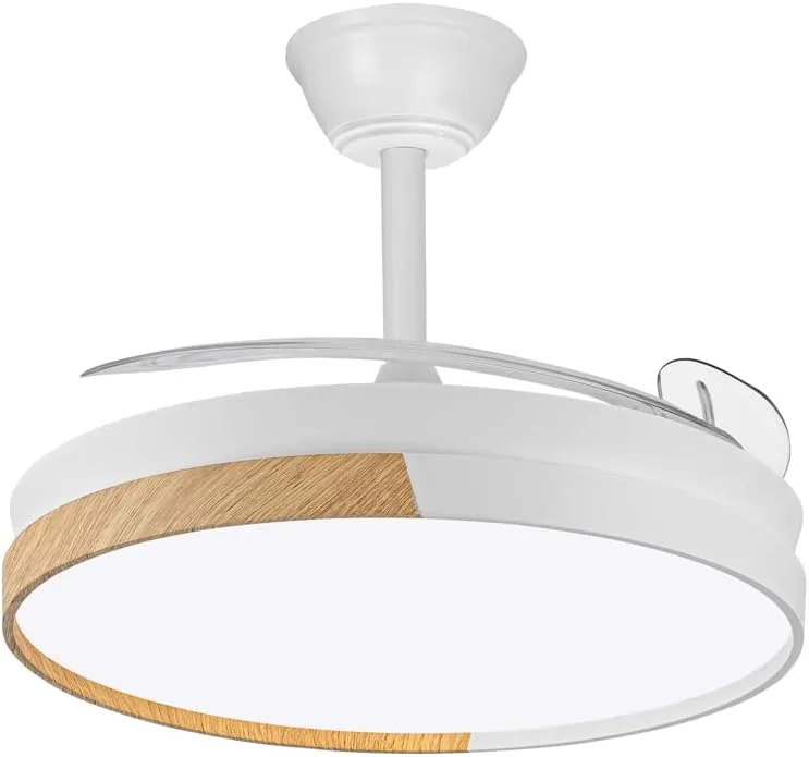 wonderlamp ▫️ Ventoinha de teto com pás retrácteis, Ventoinha de teto com luz LED Arpino Branco+Madeira CCT 3000-4000-6000K, Intensidade regulável 45W, Funcionamento silencioso