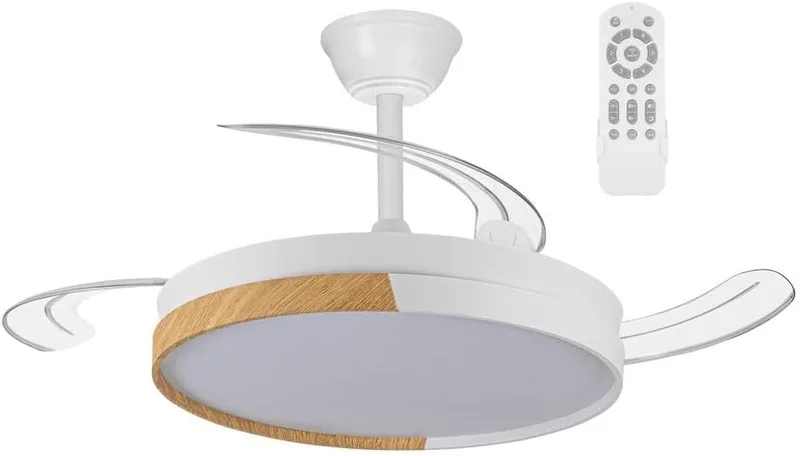 wonderlamp ▫️ Ventilador de teto com pás retráteis, Ventilador de teto com luz LED Arpino Branco+Madeira CCT 3000-4000-6000K, intensidade regulável 48 W, silencioso