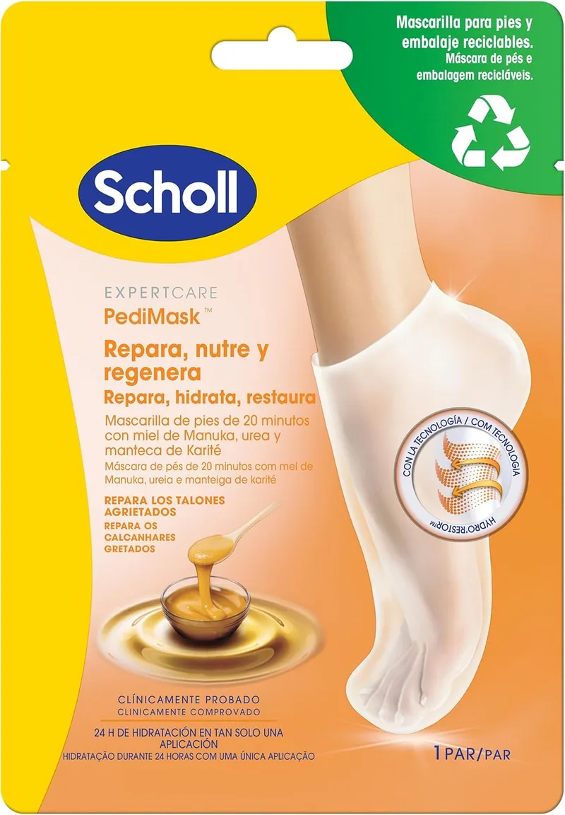 Dr. Scholl's ▫️ PediMask, Máscara suave para os pés com mel de Manuka, ureia e manteiga de karité, hidratação profunda, meias para calosidades, calosidades, fissuras e calosidades, embalagem e máscara recicláveis
