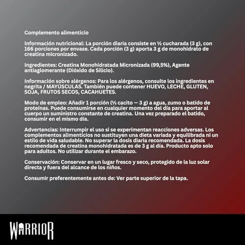 Warrior ▫️ Creatina Monohidratada em Pó 500 g, Vegana – Sem Sabor (Neutra) 2