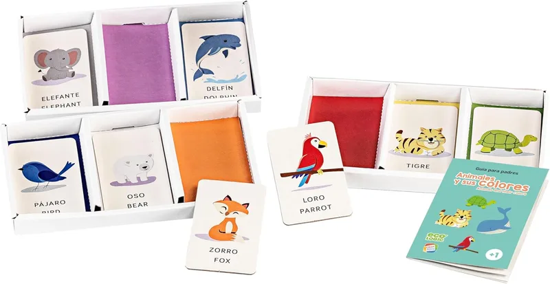 Cefa Toys ▫️ Os animais e as suas cores. 18 fichas de animais, 3 tabuleiros de seleção, Espanhol-Inglês, Materiais eco100%, Fabricado em Espanha, Indicado para crianças a partir de 1 ano.