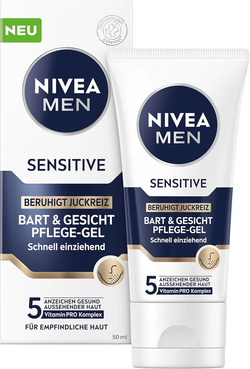 Beiersdorf ▫️ NIVEA MEN Sensitive - Gel de cuidado do rosto e da barba de rápida absorção para a pele sensível dos homens, cuidado facial calmante para aliviar a irritação da pele (50 ml)