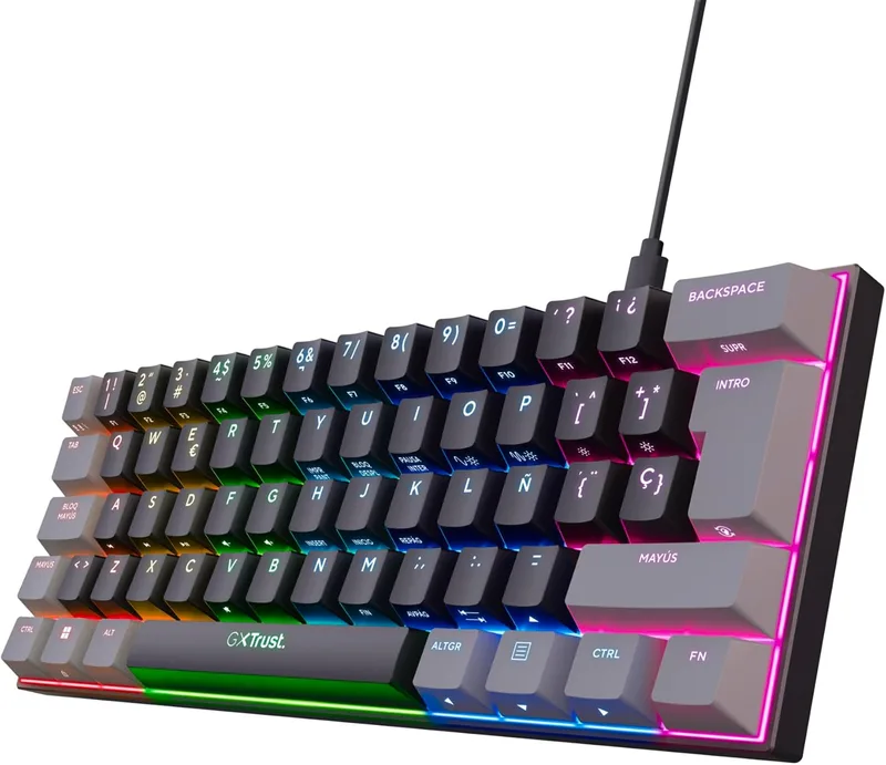 Trust Gaming ▫️ Teclado mecânico GXTrust 867 Acira 60% QWERTY espanhol, teclas de dupla função, iluminação RGB, mini teclado programável compacto para jogos com cabo USB para PC portátil - Preto/Cinzento