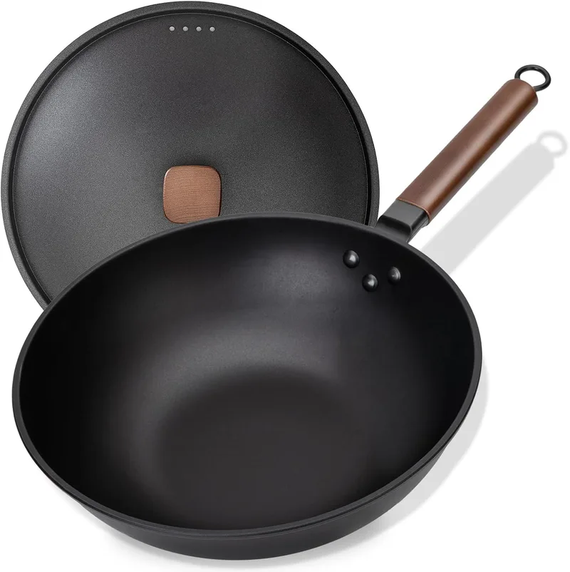 Jobin ▫️ 33cm/5.6L Wok de aço carbono Frigideira antiaderente com tampa de ferro - Sem revestimento químico - Pode cozinhar pratos asiáticos para 4-6 pessoas - Adequado para todos os fogões