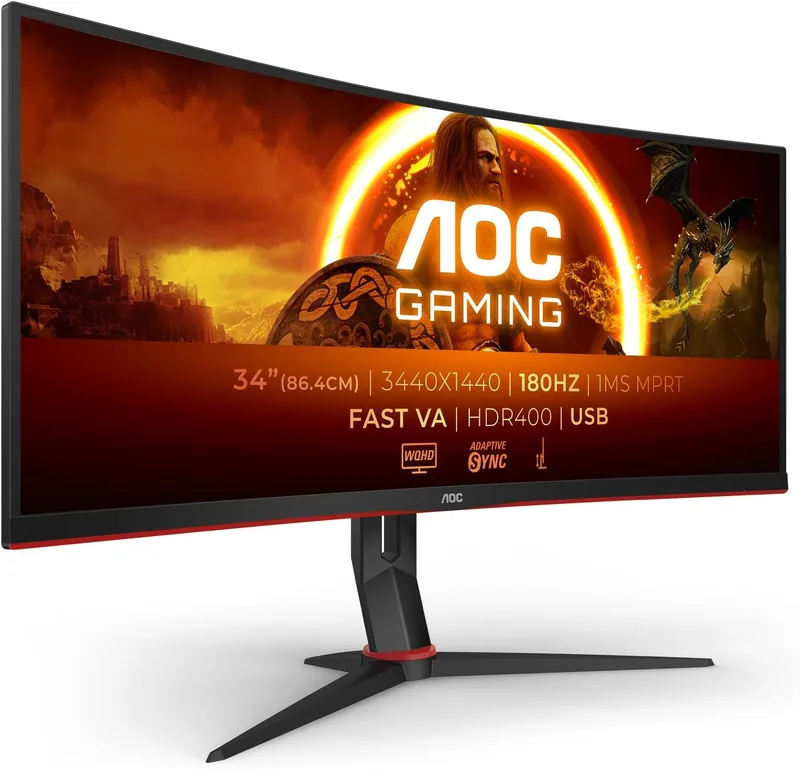 AOC ▫️ Monitor de jogos CU34G2XPD/BK de 34 polegadas, 180 Hz, painel Fast VA, 1 ms GtG, HDR400, Adaptive Sync, Altura Ajustável, (3440x1440, 2x HDMI 2.0, 2x DP 1.4, Hub USB) Preto/Vermelho