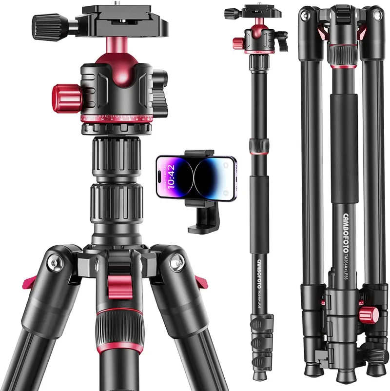 CAMBOFOTO ▫️ Tripé Profissional de 188 cm com Cabeça Esférica de 360° | Coluna reversível para macro, monopé desmontável e estrutura leve para fotografia e vídeo