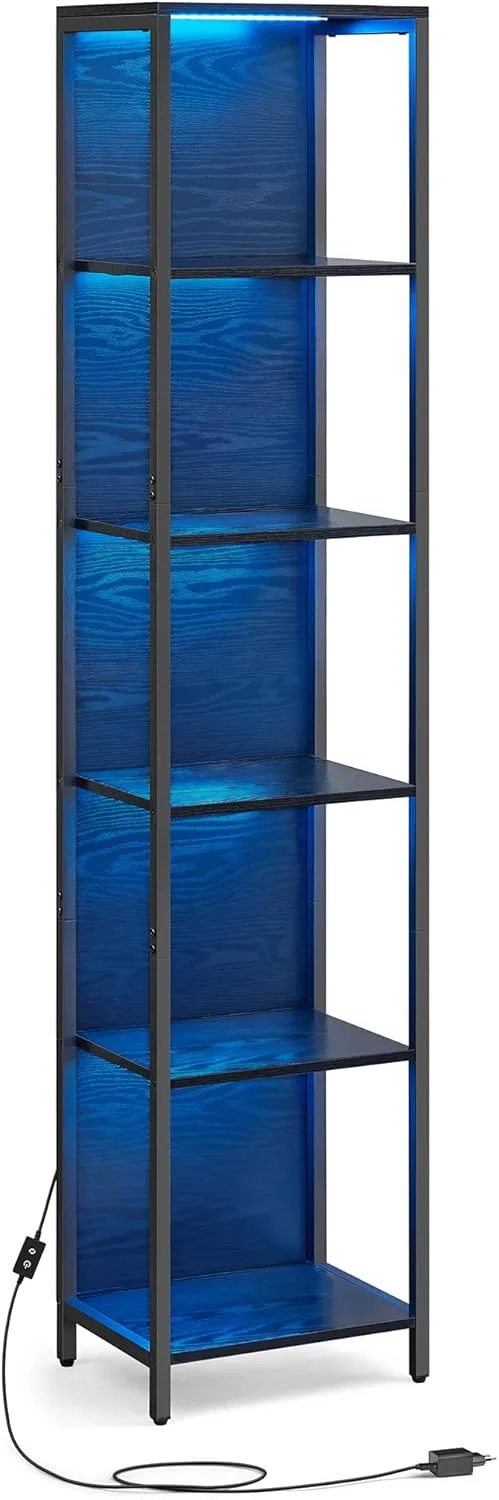 VASAGLE ▫️ Estante de 6 níveis com luz LED, estante com luzes ajustáveis, estrutura de aço, 30,3 x 40 x 178,6 cm, para sala de estar, quarto, escritório, Ebony Black LLS121B57