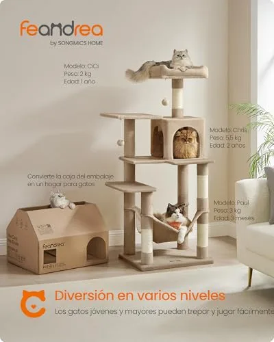 FEANDREA ▫️ Árvore para Gatos, Altura 137,7 cm, Multinível, 4 Postes para Arranhar 2