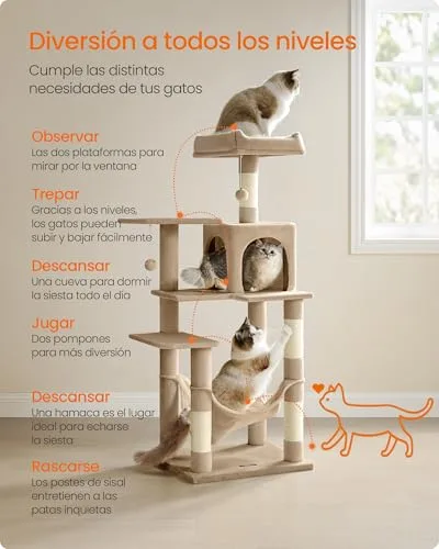 FEANDREA ▫️ Árvore para Gatos, Altura 137,7 cm, Multinível, 4 Postes para Arranhar 5