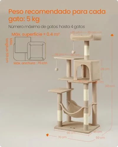 FEANDREA ▫️ Árvore para Gatos, Altura 137,7 cm, Multinível, 4 Postes para Arranhar 7