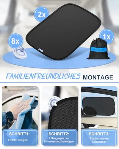 PEMOTech ▫️ Pára-sol para Carro de Bebé [Atualização 2026] 53 × 36 cm, 8 ventosas potentes, sem película adesiva, proteção UV UPF50+ certificada, para o vidro traseiro e as janelas laterais (2 peças) 4