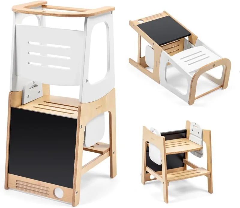 Maxi-Cosi ▫️ Toucan 3 em 1 Torre de aprendizagem em madeira, Torre de aprendizagem Montessori, 1,5-99 anos, 10-150 kg, 3 alturas, transforma-se em mesa e cadeira/banco, madeira 100 % certificada pela FSC®, madeira natural