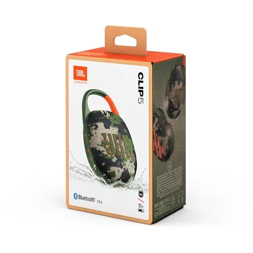 JBL ▫️ CLIP5 Altifalante Bluetooth, Carregamento USB-C, IP67 à prova de poeira, à prova de água, compatível com aplicações, estrutura com mosquetão, radiador passivo, portátil, esquadrão 6