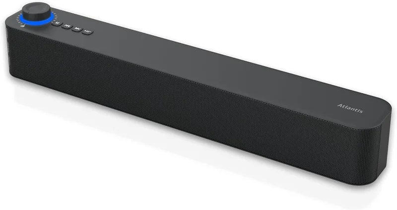 Atlantis ▫️ Barra de som 20 W, tomada de 3,5 mm + Bluetooth 5.3, bateria de 2400 mAh, rádio FM, altifalante para PC, portátil, TV, smartphone. Dimensões: 420 x 60 x 74 mm. Cor: preto. P003-C0820-B