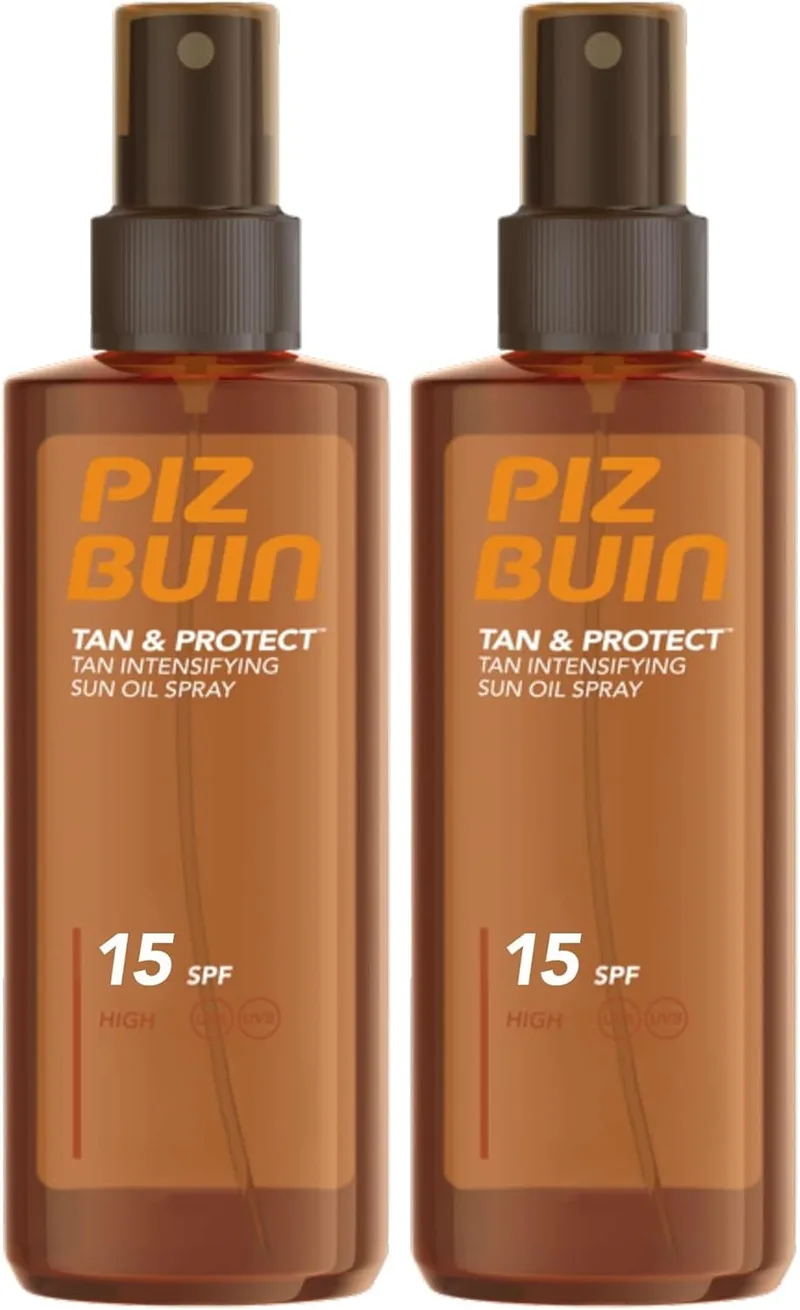 Piz Buin ▫️ Liquid Sunscreen Spray SPF15, Tan & Protect Tanning Accelerator Body and Face, Não comedogénico, para todos os tipos de pele, com Vitamina E e Proteção UVA/UVB, 150 ml