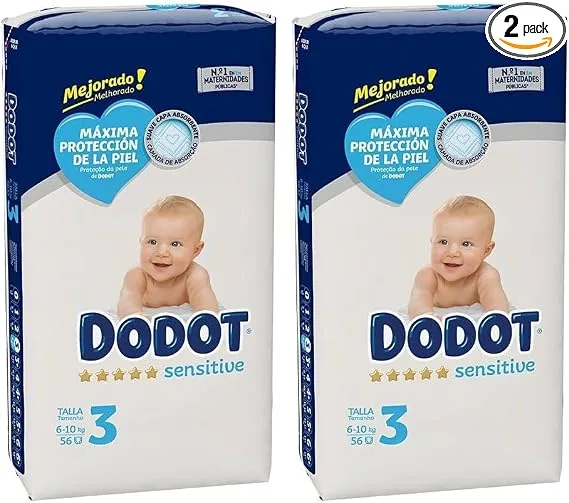 DODOT ▫️ Sensitive - Fraldas Tamanho 3, 56 fraldas, 6 a 10 kg (Embalagem de 2)