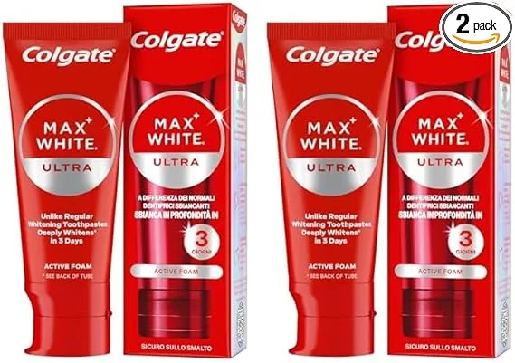 Colgate ▫️ Max White Pasta de dentes branqueadora em espuma ultra-ativa com flúor, 50 ml, pasta de dentes branqueadora segura para o esmalte, dentes mais brancos em apenas 3 dias*, remove manchas profundas*, branqueia os dentes em apenas 3 dias*, remove manchas profundas*.