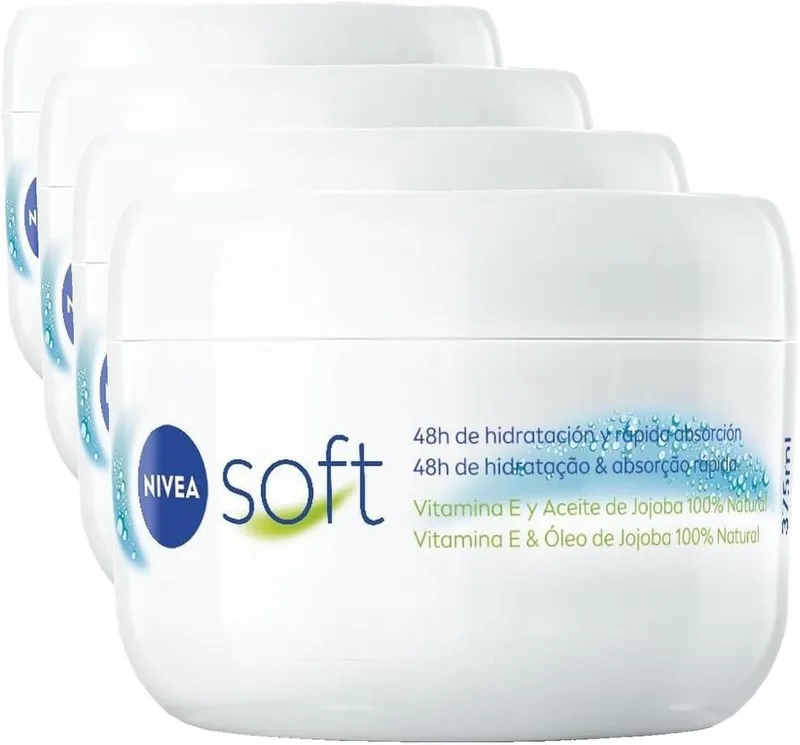 NIVEA ▫️ Soft (1 x 375 ml), creme multiusos com óleo de jojoba e vitamina E, creme hidratante intensivo para o cuidado da pele do rosto, corpo e mãos, sem parabenos (Embalagem de 4)