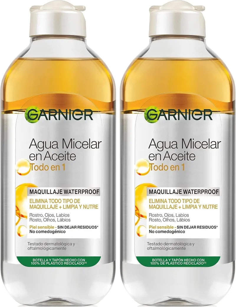 Garnier ▫️ Skin Active, Água micelar (pele oleosa, com maquilhagem à prova de água) - 400 ml. (Embalagem de 2)