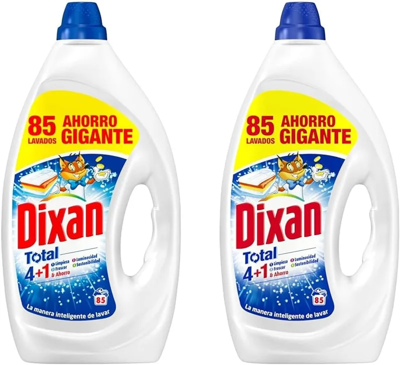 Dixan ▫️ Gel Total 4+1, Detergente Líquido para Máquina de Lavar Roupa 85 Lavagens, sabão líquido para lavagem de roupa branca e leve. Limpeza, brilho, frescura e sustentabilidade, versão antiga (Embalagem de 2)