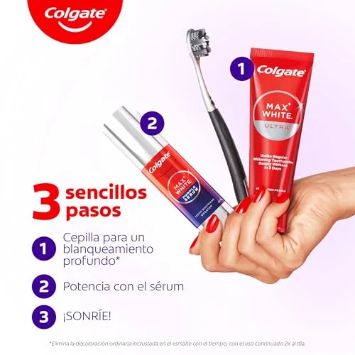 Colgate ▫️ Max White Ultra Active Foam Pasta de dentes branqueadora com flúor, 50 ml, pasta de dentes branqueadora segura para o esmalte, dentes mais brancos em apenas 3 dias*, elimina manchas profundas* 2