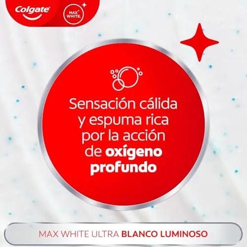 Colgate ▫️ Max White Ultra Active Foam Pasta de dentes branqueadora com flúor, 50 ml, pasta de dentes branqueadora segura para o esmalte, dentes mais brancos em apenas 3 dias*, elimina manchas profundas* 3