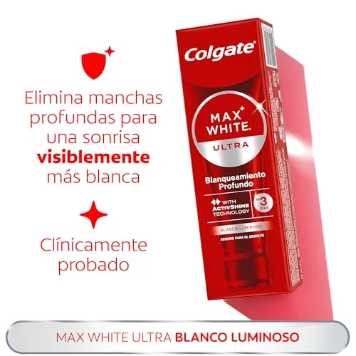 Colgate ▫️ Max White Ultra Active Foam Pasta de dentes branqueadora com flúor, 50 ml, pasta de dentes branqueadora segura para o esmalte, dentes mais brancos em apenas 3 dias*, elimina manchas profundas* 5