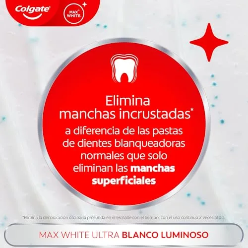 Colgate ▫️ Max White Ultra Active Foam Pasta de dentes branqueadora com flúor, 50 ml, pasta de dentes branqueadora segura para o esmalte, dentes mais brancos em apenas 3 dias*, elimina manchas profundas* 7