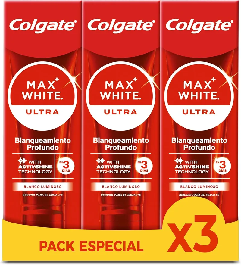 Colgate ▫️ Max White Ultra Active Foam Pasta de dentes branqueadora com flúor, 50 ml, pasta de dentes branqueadora segura para o esmalte, dentes mais brancos em apenas 3 dias*, elimina manchas profundas*