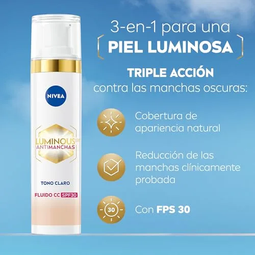 NIVEA ▫️ Cellular Luminous630 - Fluido CC Antimanchas FPS 30 3 em 1 - CC Cream de Tripla Ação - Cobre e Reduz as Manchas - Protetor Solar Facial com Cor - Todos os Tipos de Pele - Tom Claro - 40 ml 2