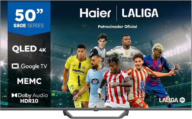 Haier ▫️ QLED 4K UHD H50S80EUX - Smart TV de 50", Google TV, Dolby Audio, HDR 10, comando remoto inteligente, Google Assistant, Bluetooth 5.1, DBX TV, 4 portas HDMI 2.1, sem moldura, 2024