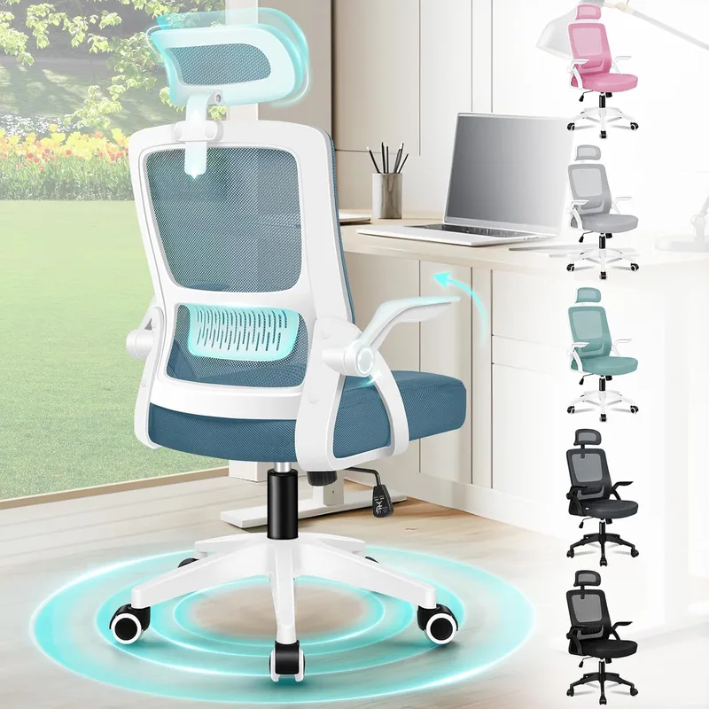 ALFORDSON ▫️ Cadeira de secretária ergonómica com braços rebatíveis, cadeiras de escritório executivas com apoios de cabeça ajustáveis, Cadeira de malha ideal para escritório, casa, receção, reuniões, suporta 180 kg (azul)