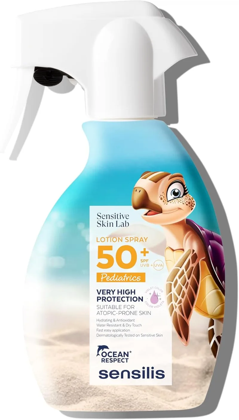 Sensilis ▫️ Loção em Spray FPS 50+ Kids, Protetor Solar Infantil, com alantoína, vitamina E e aloé vera, acalma, hidrata e tem efeito antioxidante, adequado para peles atópicas - 200 ml