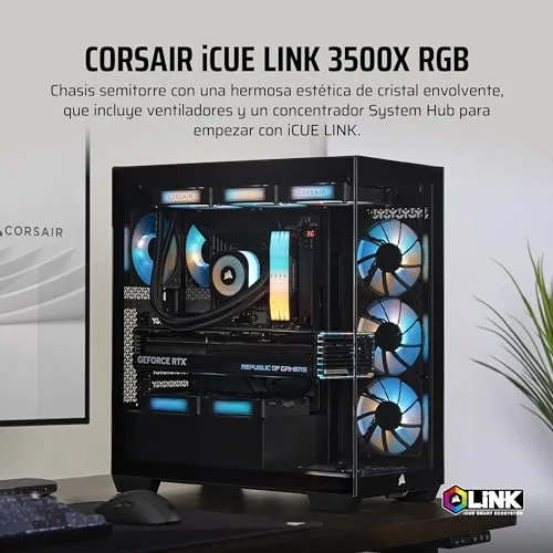 Corsair ▫️ iCUE Link 3500X RGB - Caixa de PC ATX de meia-torre - Vidro temperado panorâmico - Compatível com placa-mãe com montagem invertida - 3 ventoinhas RX120 RGB incluídas - Preto 2