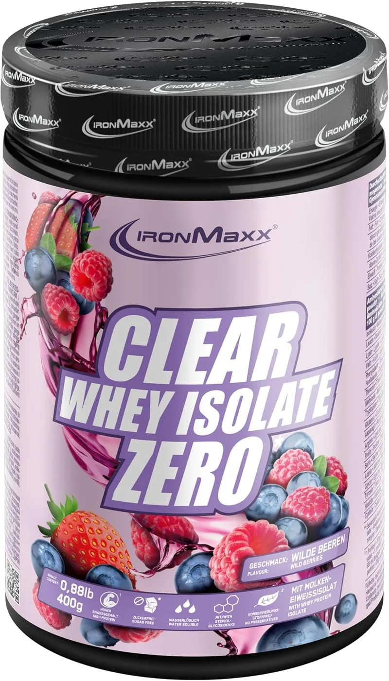 IronMaxx ▫️ Clear Whey Isolate Zero, Frutos silvestres, Lata de 400 g, Isolado de proteína de soro de leite transparente sem açúcar, Proteína transparente sem lactose