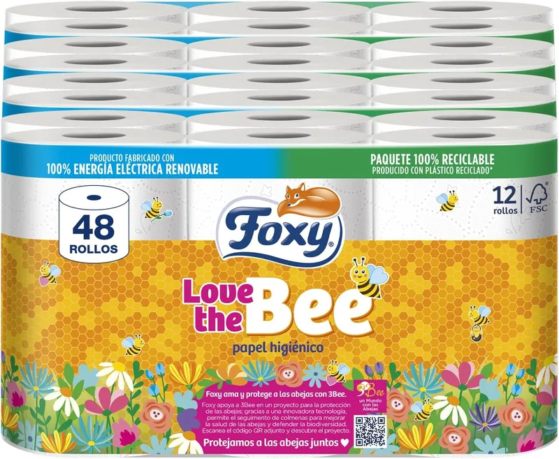 Foxy ▫️ Love the Bee | 3 ply | Papel higiénico 48 rolos | 167 serviços por rolo | Certificado FSC | 100% Energia Renovável | Embalagem reciclável produzida a partir de plástico reciclado