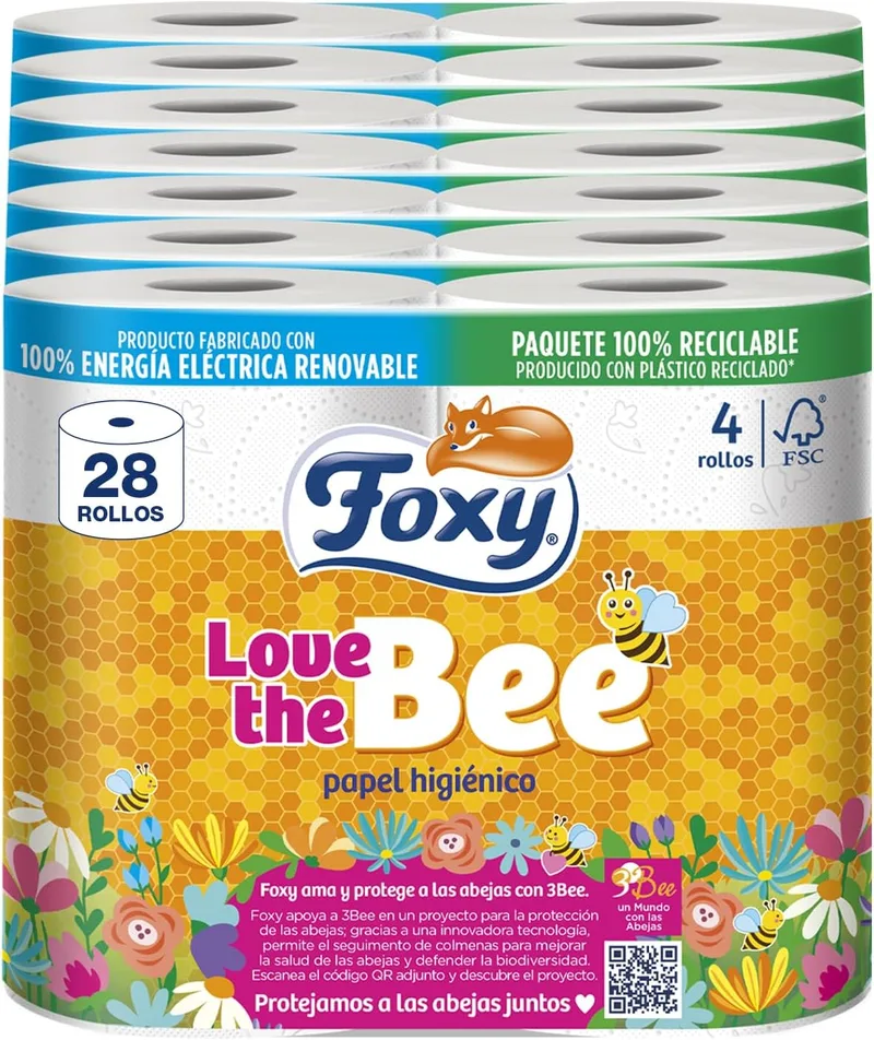 Foxy ▫️ Love the Bee | 3 camadas | Papel higiénico, 28 rolos | 167 utilizações por rolo | Certificação FSC | 100% de energia elétrica renovável | Embalagem reciclável produzida com plástico reciclado