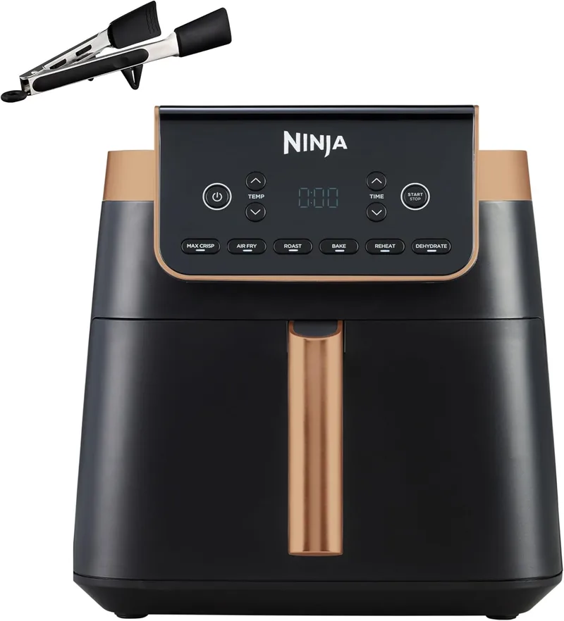 Ninja ▫️ Fritadeira de ar MAX PRO, 6,2 L, sem óleo, gaveta única, tamanho familiar, assar, cozer, fritar ao ar livre, lavável na máquina de lavar louça, gaveta antiaderente, pinças de silicone, preto/cobre, AF180EUCP