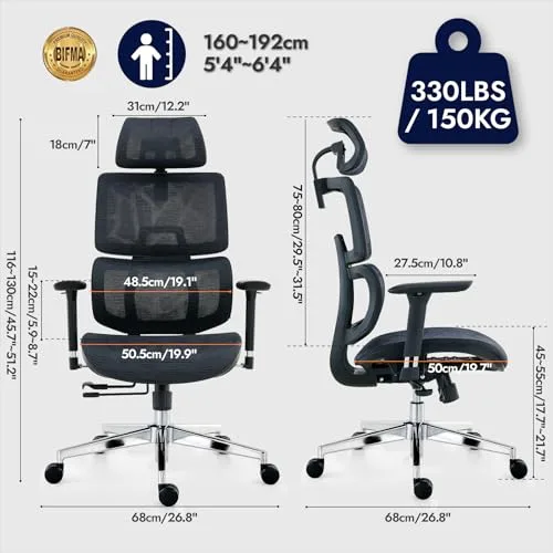 TONFARY ▫️ Cadeira de escritório ergonómica com apoio lombar, encosto e assento em malha respirável, braços e apoio para a cabeça ajustáveis, giratória e reclinável, grande e resistente até 150 kg 2