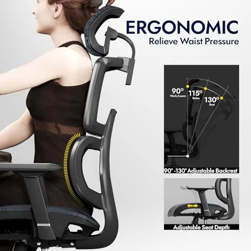 TONFARY ▫️ Cadeira de escritório ergonómica com apoio lombar, encosto e assento em malha respirável, braços e apoio para a cabeça ajustáveis, giratória e reclinável, grande e resistente até 150 kg 3