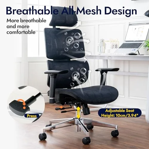 TONFARY ▫️ Cadeira de escritório ergonómica com apoio lombar, encosto e assento em malha respirável, braços e apoio para a cabeça ajustáveis, giratória e reclinável, grande e resistente até 150 kg 4
