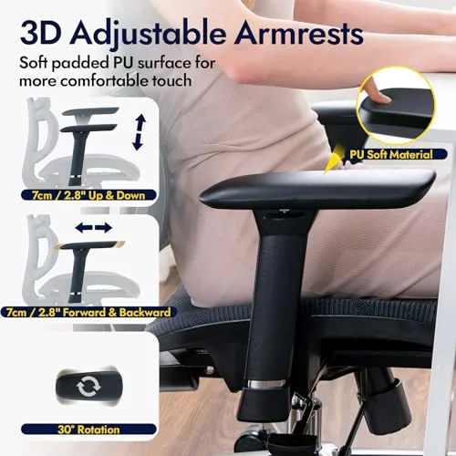 TONFARY ▫️ Cadeira de escritório ergonómica com apoio lombar, encosto e assento em malha respirável, braços e apoio para a cabeça ajustáveis, giratória e reclinável, grande e resistente até 150 kg 5