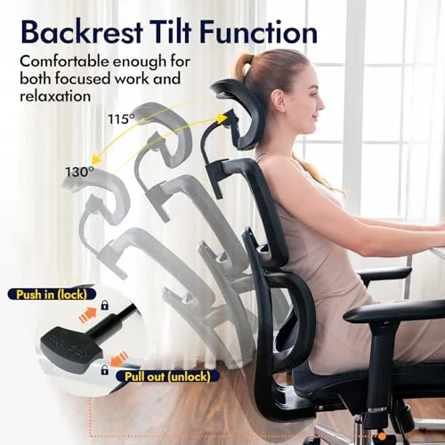 TONFARY ▫️ Cadeira de escritório ergonómica com apoio lombar, encosto e assento em malha respirável, braços e apoio para a cabeça ajustáveis, giratória e reclinável, grande e resistente até 150 kg 6